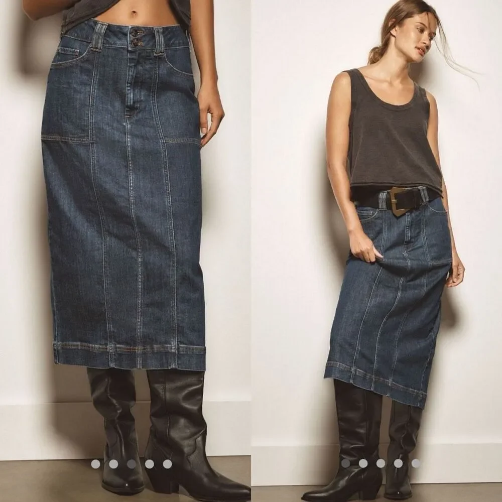 ANTHROPOLOGIE | pilcro the skipper seamed midi skirt | 6 | medium wash denim